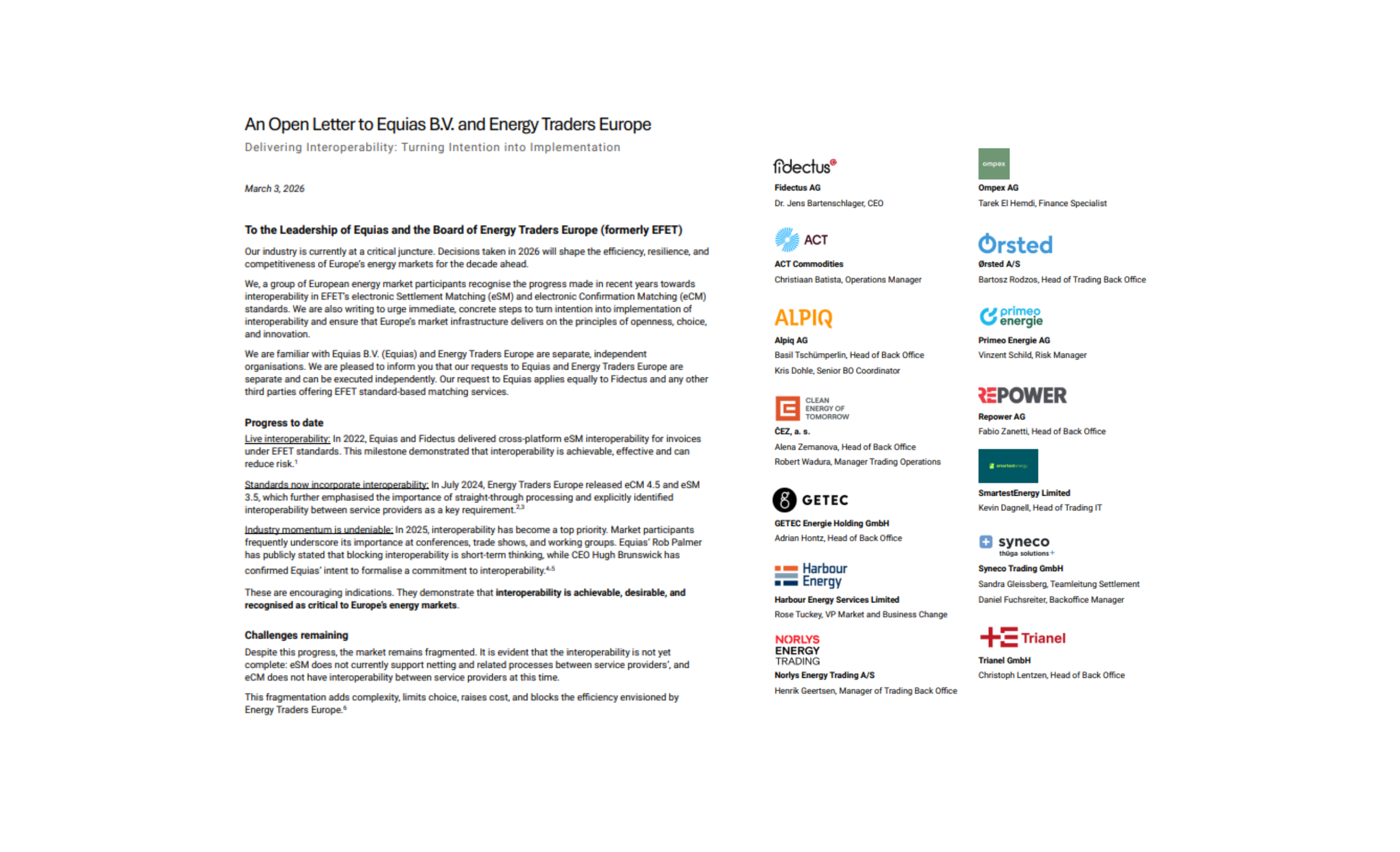 Interoperability in Energy Trading: Open Letter to Energy Traders Europe and Equias